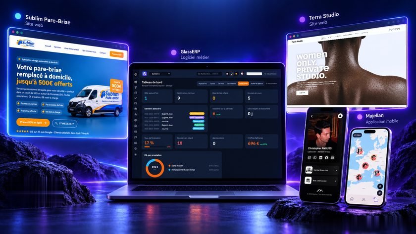 Quatre produits developpes par Surtech : le site Sublim Pare-Brise, le tableau de bord du logiciel metier GlassERP, le site Terra Studio et l'application mobile Majellan.