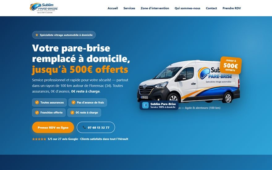Site vitrine développé par Surtech pour Sublim Pare-Brise : prise de rendez-vous en ligne et appel en un clic