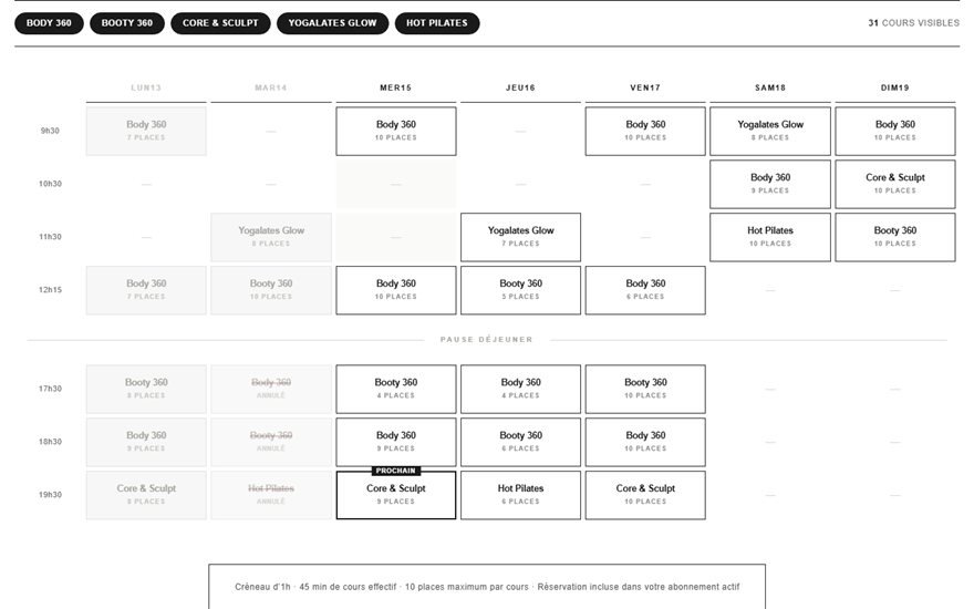 Interface de réservation développée par Surtech pour Terra Studio : planning hebdomadaire, filtres par cours et places restantes